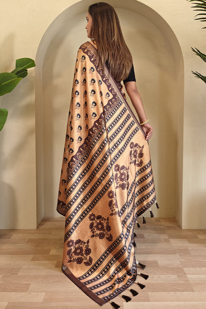 Inimitable Peach Digital Printed Dola Silk Saree With Scrupulous Blouse Piece
