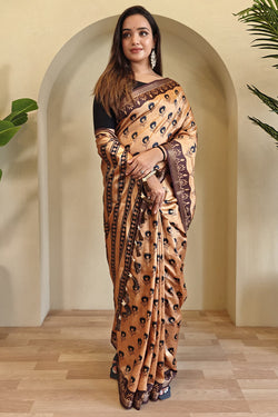 Inimitable Peach Digital Printed Dola Silk Saree With Scrupulous Blouse Piece