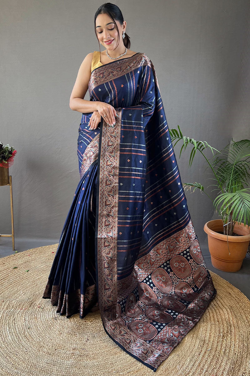 Assemblage Navy Blue Soft Banarasi Silk Saree With Beauteous Blouse Piece