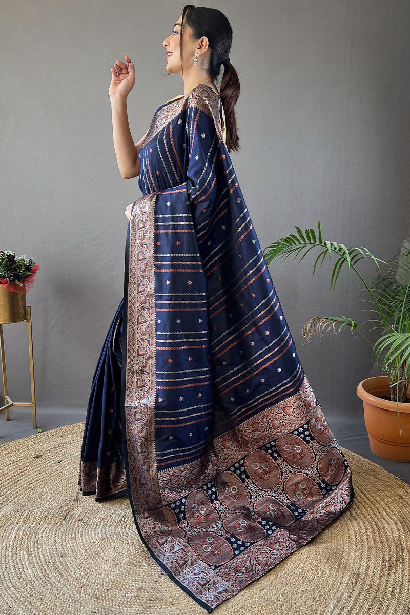 Assemblage Navy Blue Soft Banarasi Silk Saree With Beauteous Blouse Piece