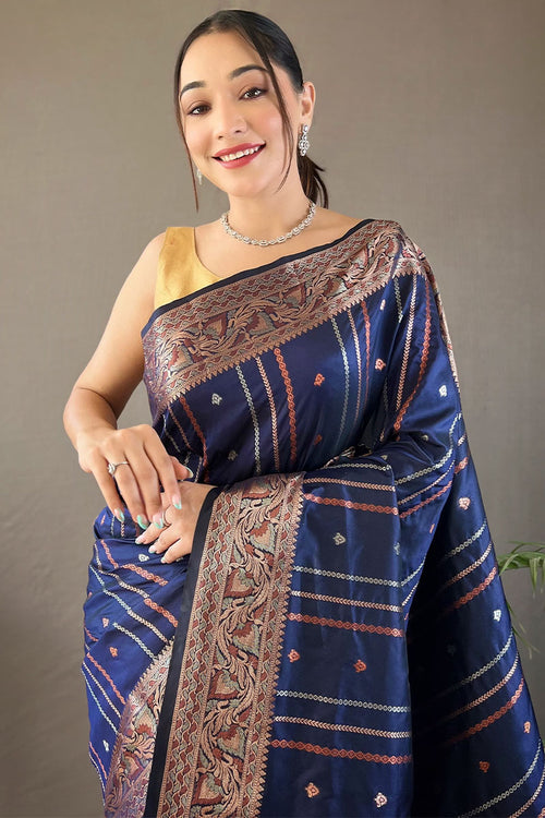 Load image into Gallery viewer, Assemblage Navy Blue Soft Banarasi Silk Saree With Beauteous Blouse Piece
