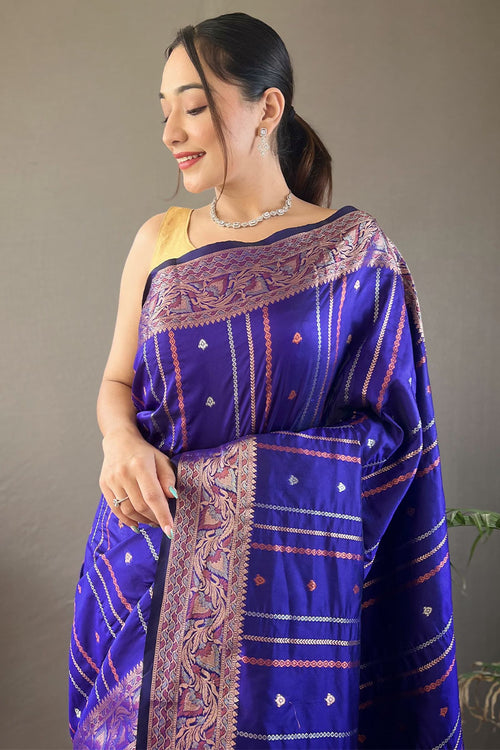 Load image into Gallery viewer, Groovy Royal Blue Soft Banarasi Silk Saree With Blooming Blouse Piece
