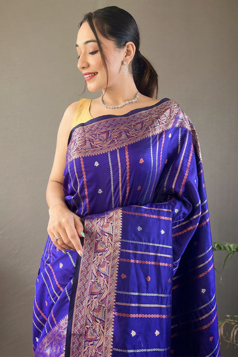 Groovy Royal Blue Soft Banarasi Silk Saree With Blooming Blouse Piece