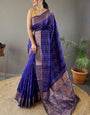 Groovy Royal Blue Soft Banarasi Silk Saree With Blooming Blouse Piece