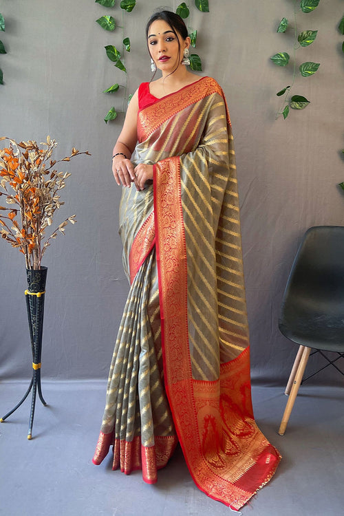 Load image into Gallery viewer, Moiety Grey Organza Silk Saree With Embrocation Blouse Piece
