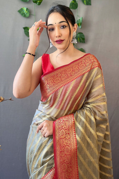 Load image into Gallery viewer, Moiety Grey Organza Silk Saree With Embrocation Blouse Piece
