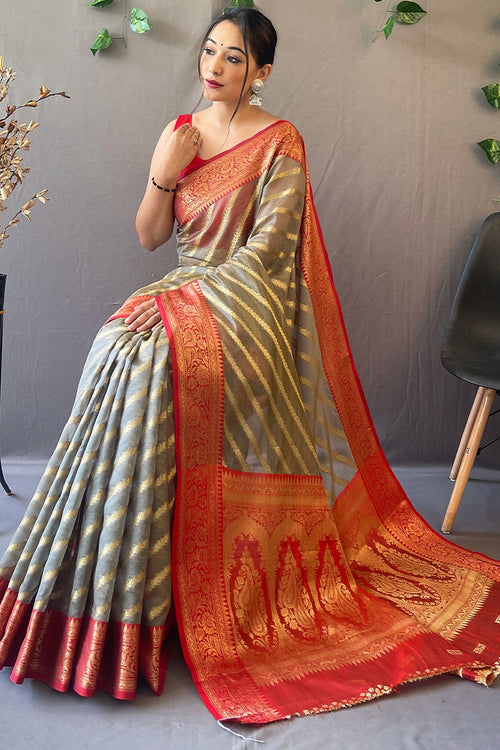 Load image into Gallery viewer, Moiety Grey Organza Silk Saree With Embrocation Blouse Piece
