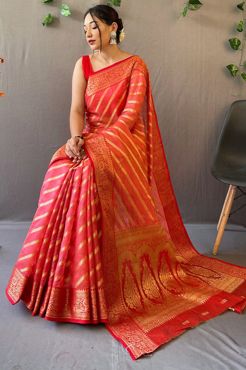 Load image into Gallery viewer, Fancifull Peach Organza Silk Saree With Appealing Blouse Piece
