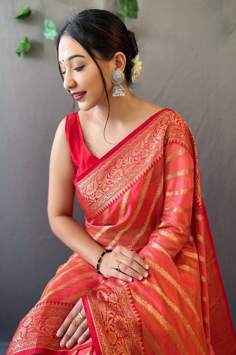 Fancifull Peach Organza Silk Saree With Appealing Blouse Piece