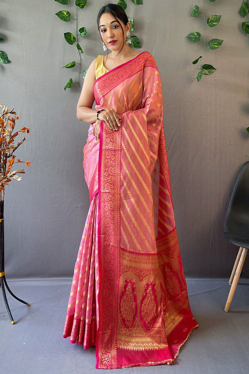 Load image into Gallery viewer, Adorning Pink Organza Silk Saree With Lovely Blouse Piece
