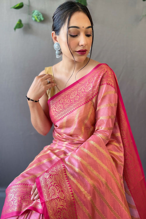 Load image into Gallery viewer, Adorning Pink Organza Silk Saree With Lovely Blouse Piece
