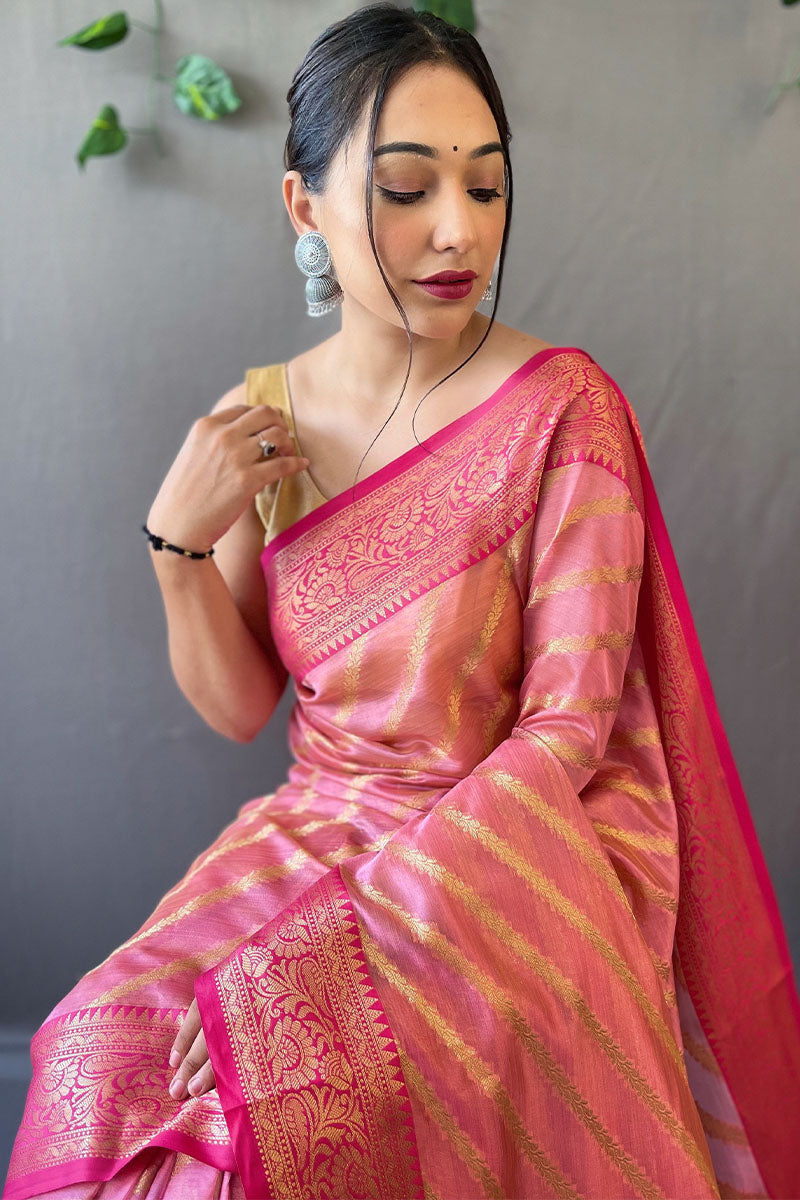 Adorning Pink Organza Silk Saree With Lovely Blouse Piece