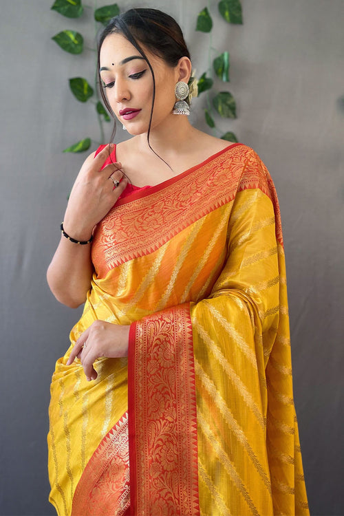 Load image into Gallery viewer, Desirable Yellow Organza Silk Saree With Effervescent Blouse Piece
