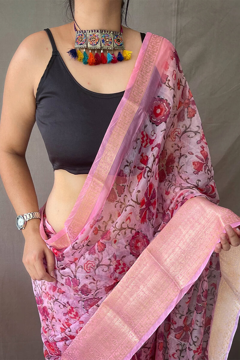 Supernal Pink Kalamkari Printed Saree With Exquisite Blouse Piece