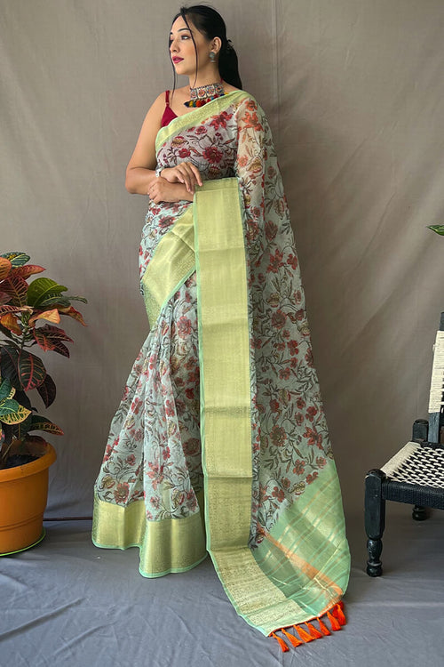 Load image into Gallery viewer, Confounding Sea Green Kalamkari Printed Saree With Snazzy Blouse Piece
