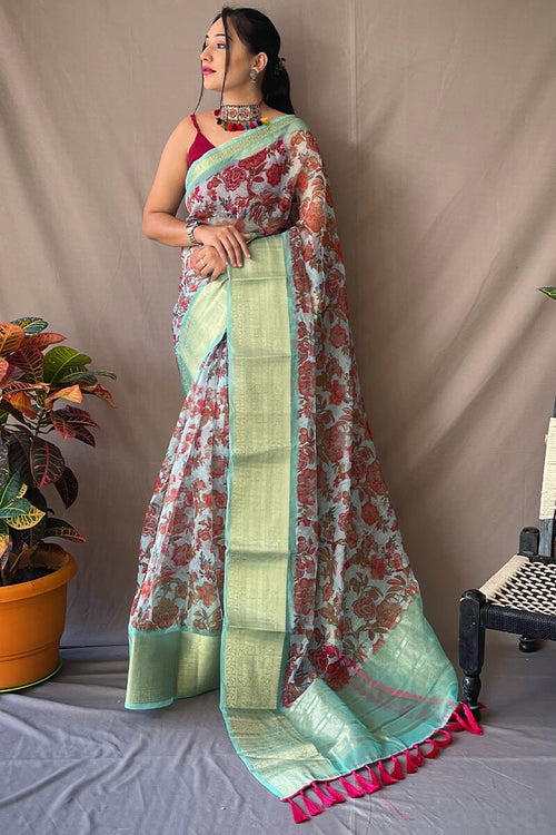 Load image into Gallery viewer, Inspiring Turquoise Kalamkari Printed Saree With Beleaguer Blouse Piece
