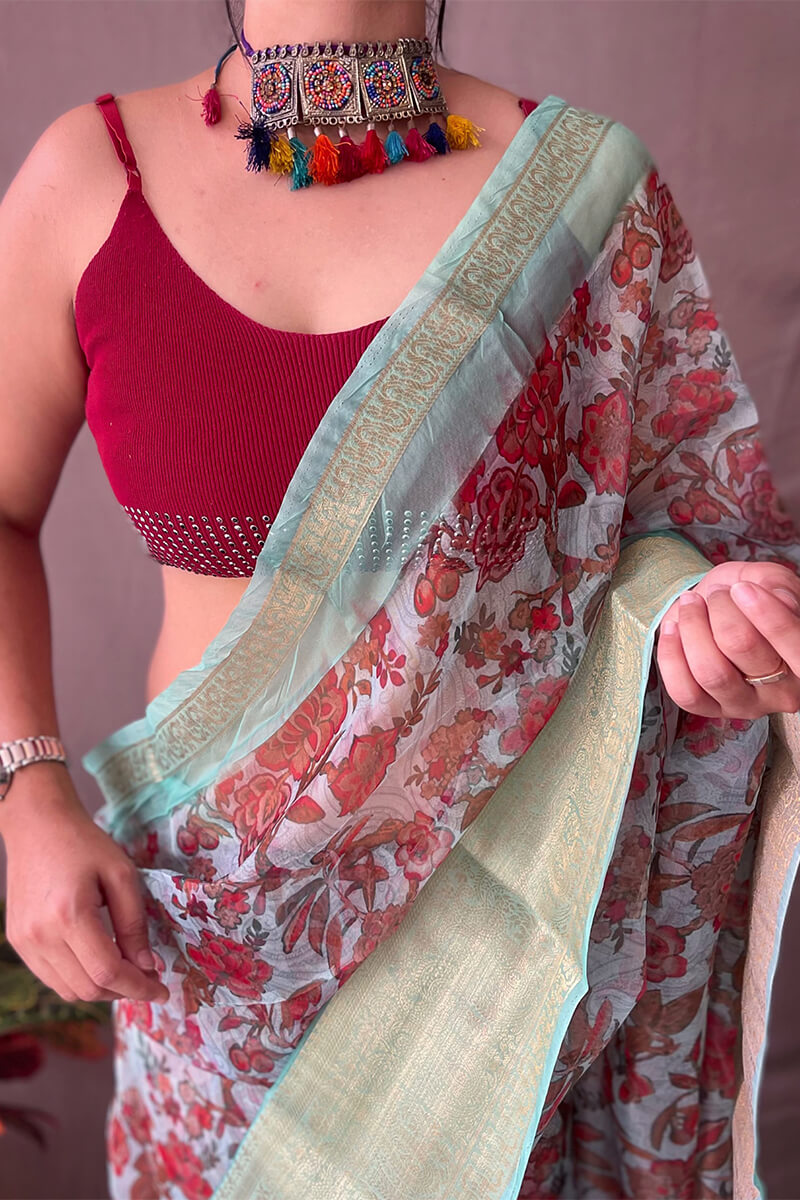 Inspiring Turquoise Kalamkari Printed Saree With Beleaguer Blouse Piece