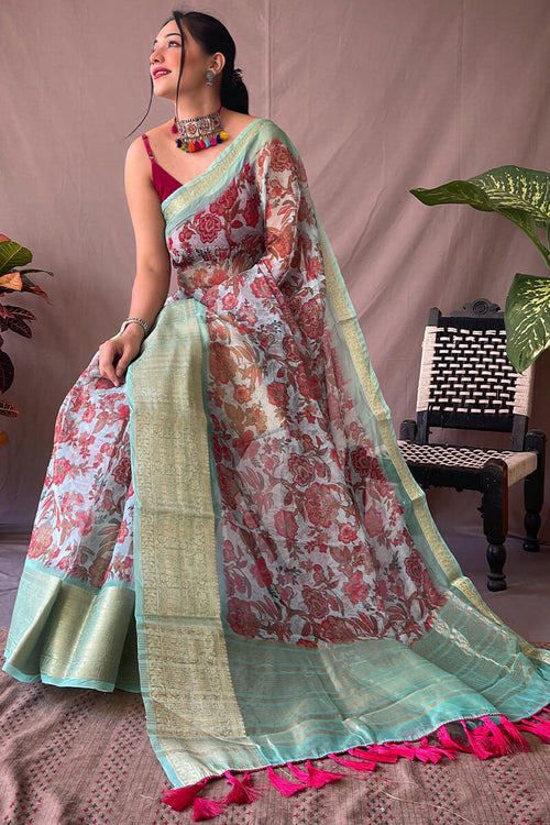 Load image into Gallery viewer, Inspiring Turquoise Kalamkari Printed Saree With Beleaguer Blouse Piece
