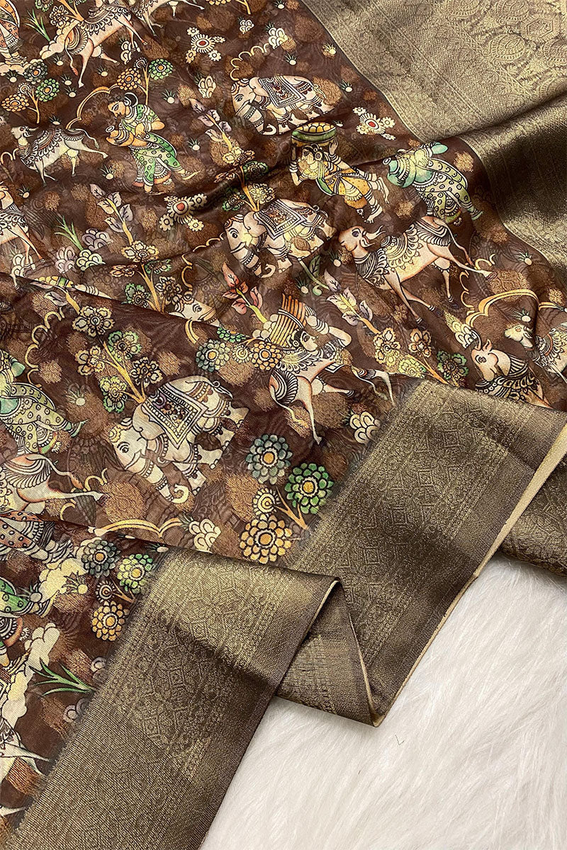 Fragrant Brown Digital Printed Saree With Devastating Blouse Piece