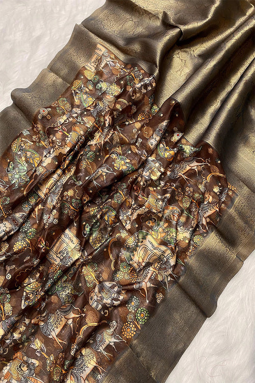 Load image into Gallery viewer, Fragrant Brown Digital Printed Saree With Devastating Blouse Piece
