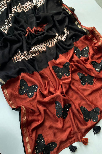 Prominent Black Bandhej Printed Cotton Silk Saree With Improbable Blouse Piece