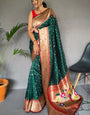 Charming Dark Green Paithani Silk Saree With Alluring Blouse Piece