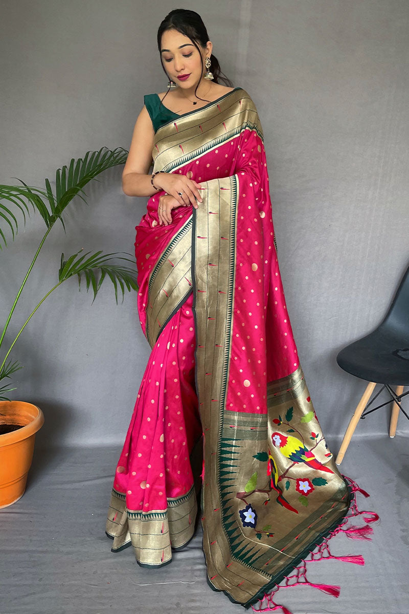 Extraordinary Dark Pink Paithani Silk Saree With Pretty Blouse Piece