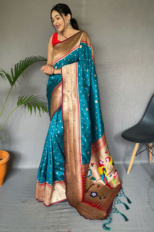 Load image into Gallery viewer, Girlish Firozi Paithani Silk Saree With Radiant Blouse Piece
