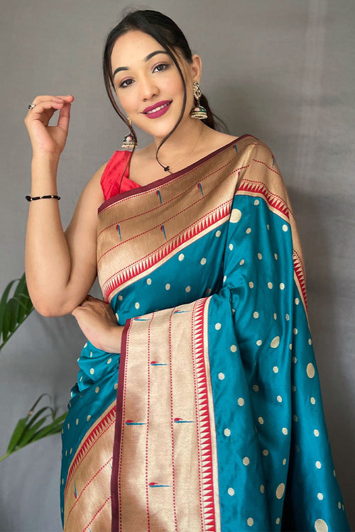 Load image into Gallery viewer, Girlish Firozi Paithani Silk Saree With Radiant Blouse Piece
