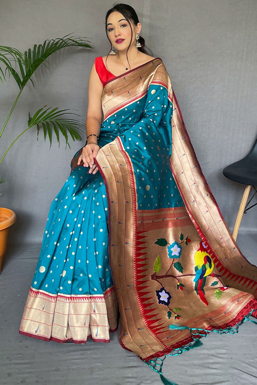 Load image into Gallery viewer, Girlish Firozi Paithani Silk Saree With Radiant Blouse Piece
