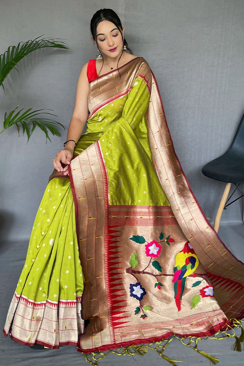 Load image into Gallery viewer, Prettiest Mehndi Paithani Silk Saree With Traditional Blouse Piece
