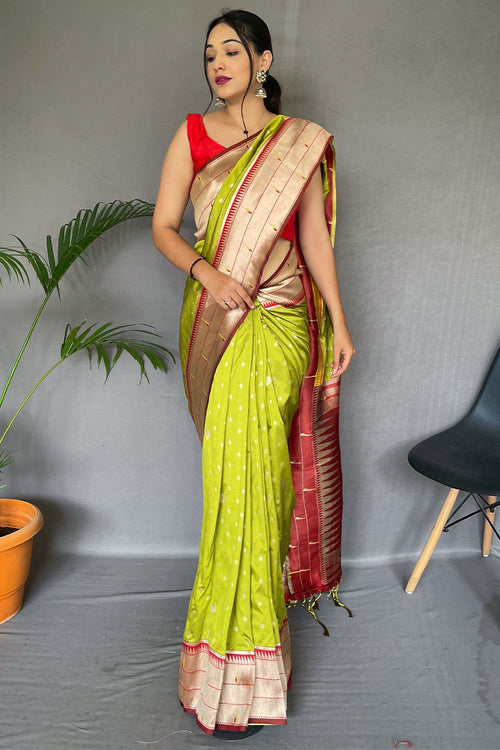 Load image into Gallery viewer, Prettiest Mehndi Paithani Silk Saree With Traditional Blouse Piece
