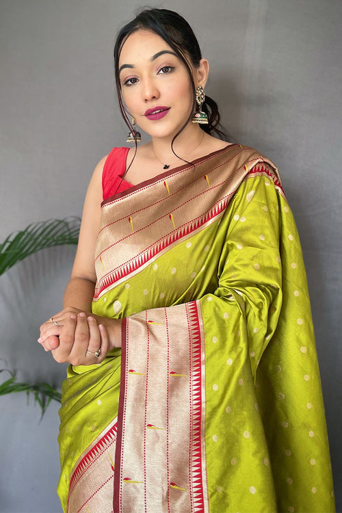 Load image into Gallery viewer, Prettiest Mehndi Paithani Silk Saree With Traditional Blouse Piece
