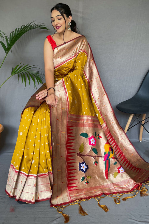 Load image into Gallery viewer, Cynosure Mustard Paithani Silk Saree With Embrocation Blouse Piece
