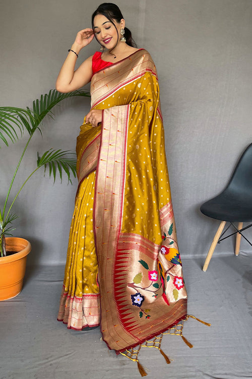 Load image into Gallery viewer, Cynosure Mustard Paithani Silk Saree With Embrocation Blouse Piece
