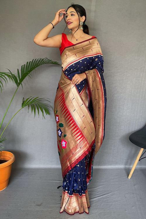 Load image into Gallery viewer, Quintessential Navy Blue Paithani Silk Saree With Woebegone Blouse Piece
