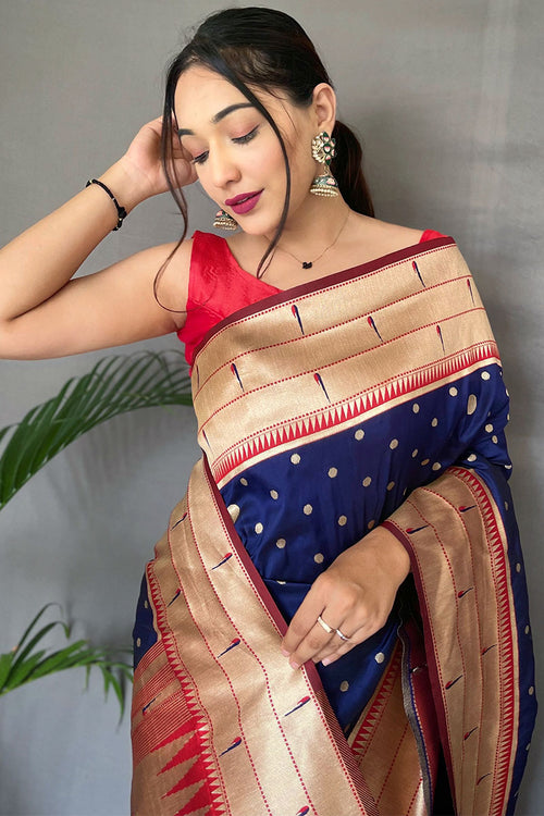 Load image into Gallery viewer, Quintessential Navy Blue Paithani Silk Saree With Woebegone Blouse Piece
