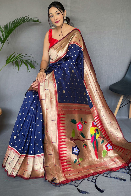 Load image into Gallery viewer, Quintessential Navy Blue Paithani Silk Saree With Woebegone Blouse Piece
