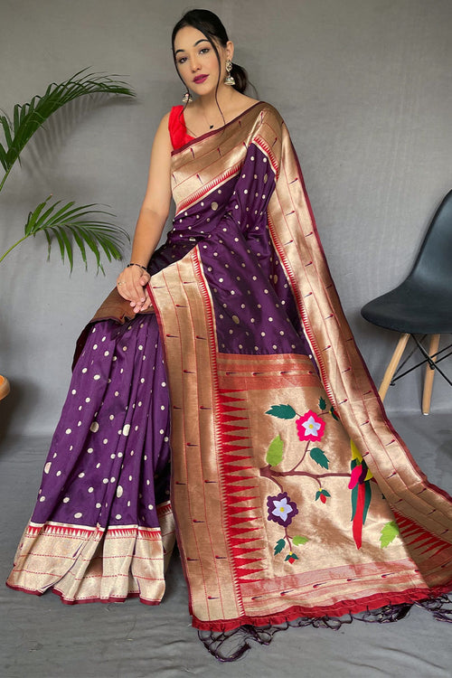 Load image into Gallery viewer, Amiable Purple Paithani Silk Saree With Luxuriant Blouse Piece
