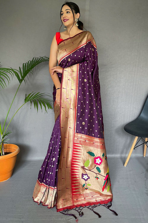 Load image into Gallery viewer, Amiable Purple Paithani Silk Saree With Luxuriant Blouse Piece
