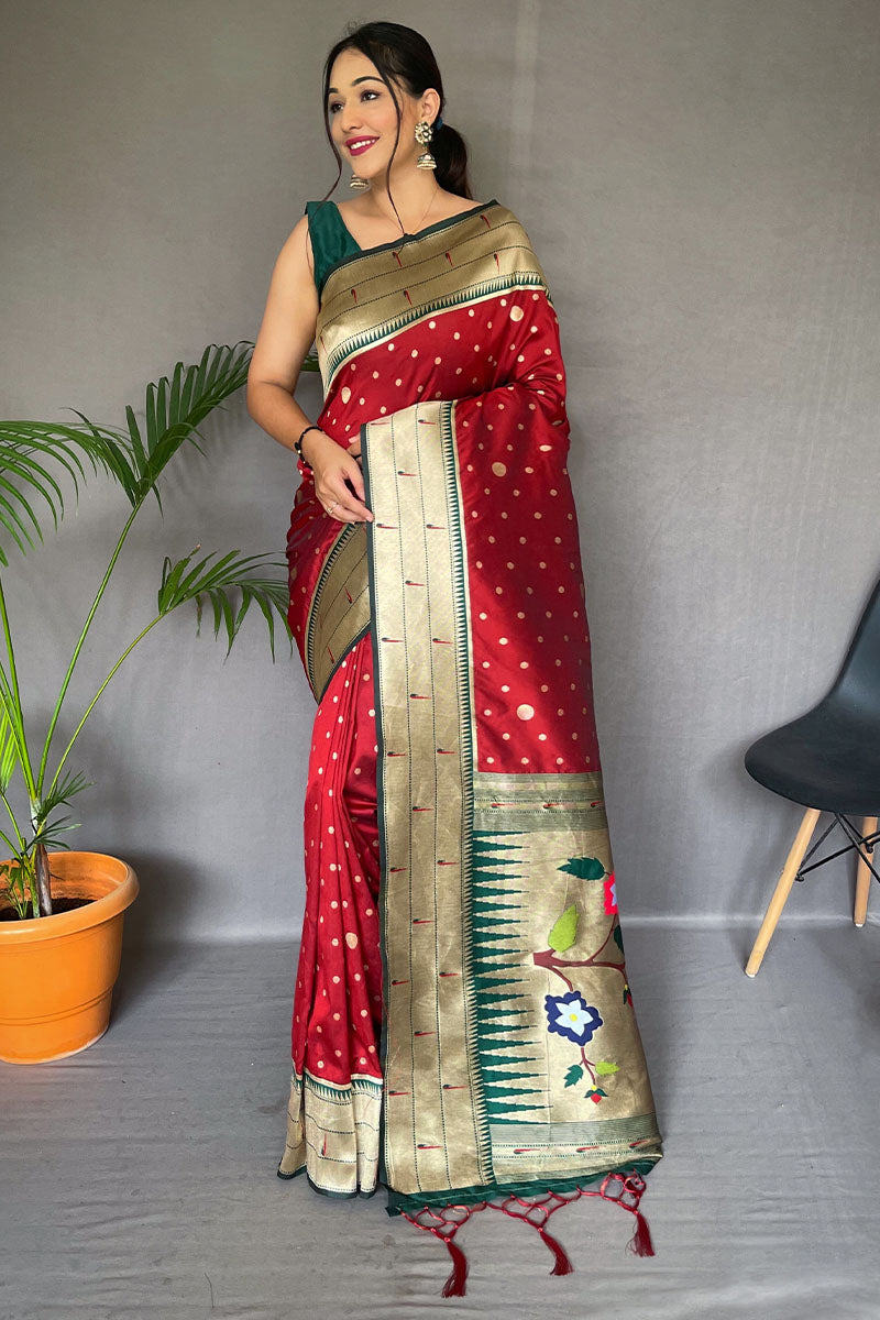 Exuberant Red Paithani Silk Saree With Snazzy Blouse Piece