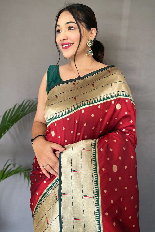 Load image into Gallery viewer, Exuberant Red Paithani Silk Saree With Snazzy Blouse Piece
