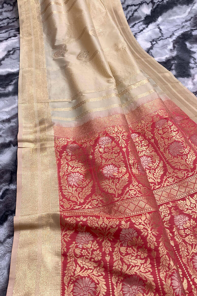 Trendy Beige Soft Banarasi Silk Saree With Elegant Blouse Piece