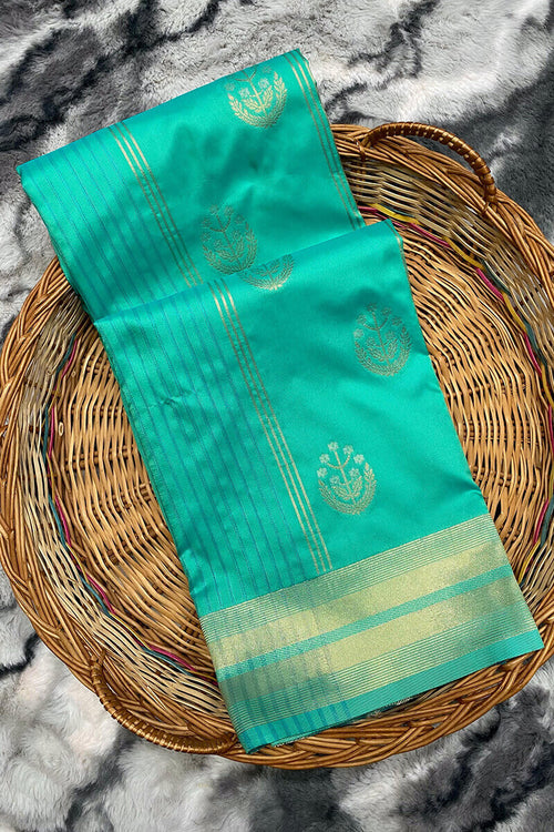 Load image into Gallery viewer, Demanding Turquoise Soft Banarasi Silk Saree With Smart Blouse Piece
