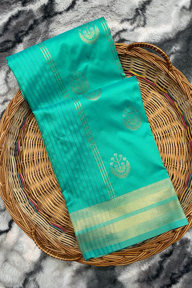 Demanding Turquoise Soft Banarasi Silk Saree With Smart Blouse Piece