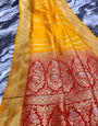 Preferable Yellow Soft Banarasi Silk Saree With Fairytale Blouse Piece