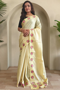Tremendous Yellow Embroidery Work Tussar Silk Saree With Stylish Blouse Piece