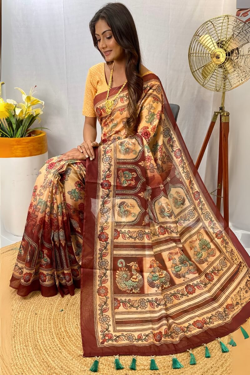 Eloquence Beige Kalamkari Printed Saree With Palimpsest Blouse Piece