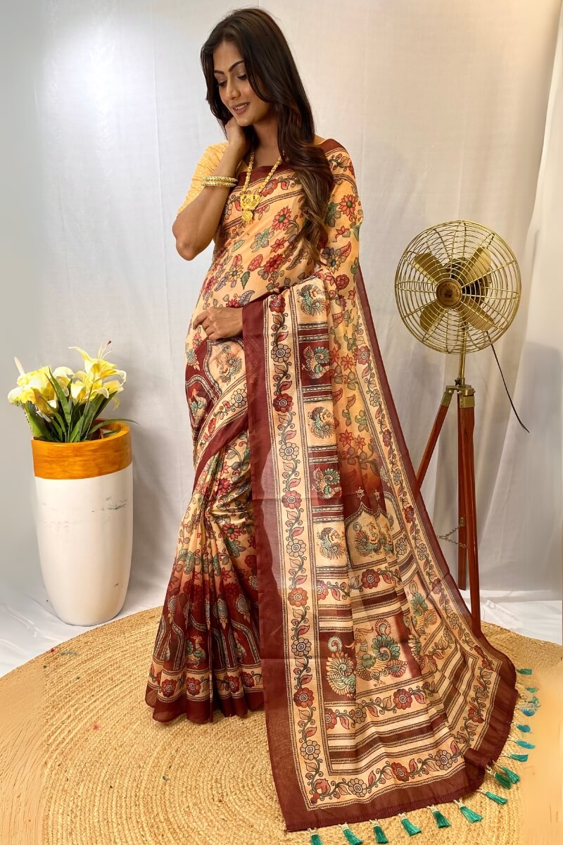 Eloquence Beige Kalamkari Printed Saree With Palimpsest Blouse Piece