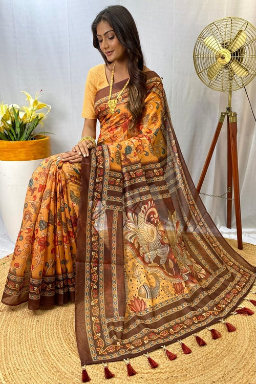 Load image into Gallery viewer, Magnetic Mustard Kalamkari Printed Saree With Snappy Blouse Piece
